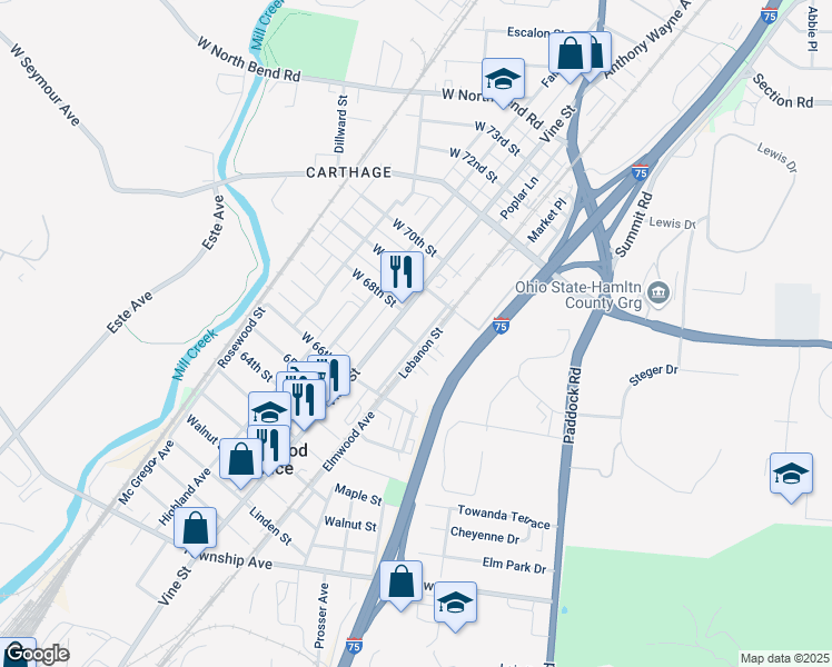 map of restaurants, bars, coffee shops, grocery stores, and more near 6637 Lebanon Street in Cincinnati