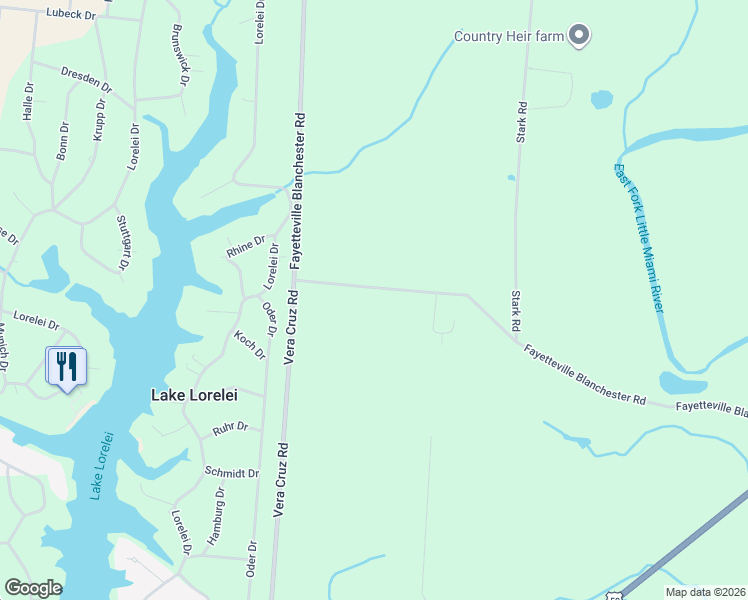 map of restaurants, bars, coffee shops, grocery stores, and more near 20345 Fayetteville Blanchester Road in Fayetteville