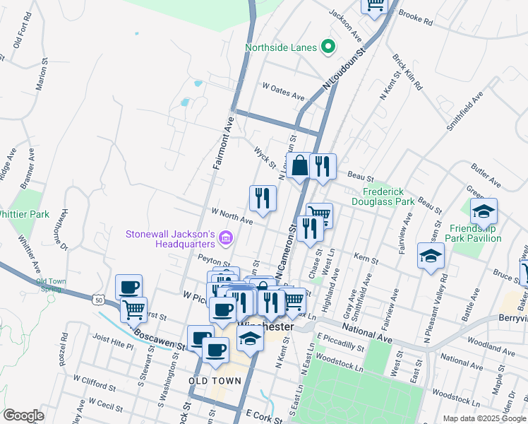 map of restaurants, bars, coffee shops, grocery stores, and more near 501 North Loudoun Street in Winchester