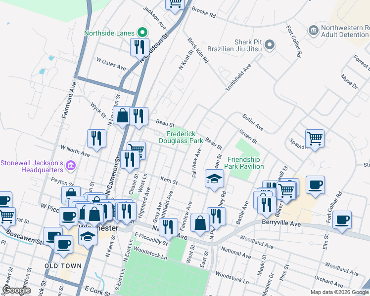 map of restaurants, bars, coffee shops, grocery stores, and more near 555 Smithfield Avenue in Winchester