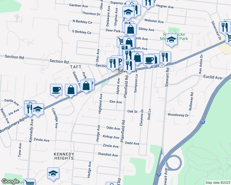 map of restaurants, bars, coffee shops, grocery stores, and more near 6736 Alpine Avenue in Cincinnati