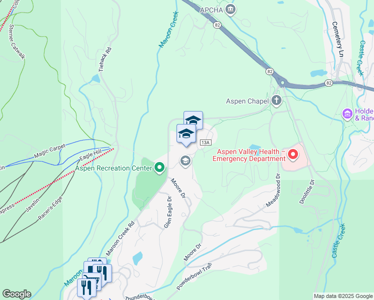 map of restaurants, bars, coffee shops, grocery stores, and more near 235 High School Road in Aspen