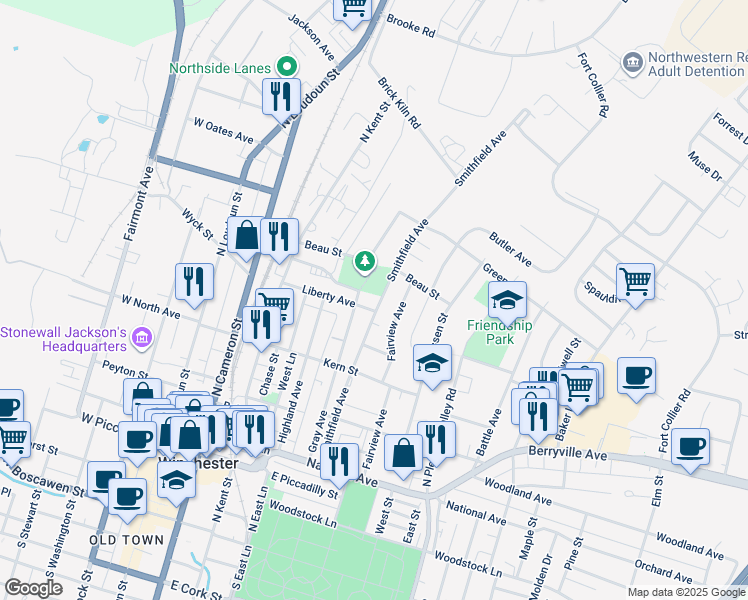 map of restaurants, bars, coffee shops, grocery stores, and more near 555 Smithfield Avenue in Winchester
