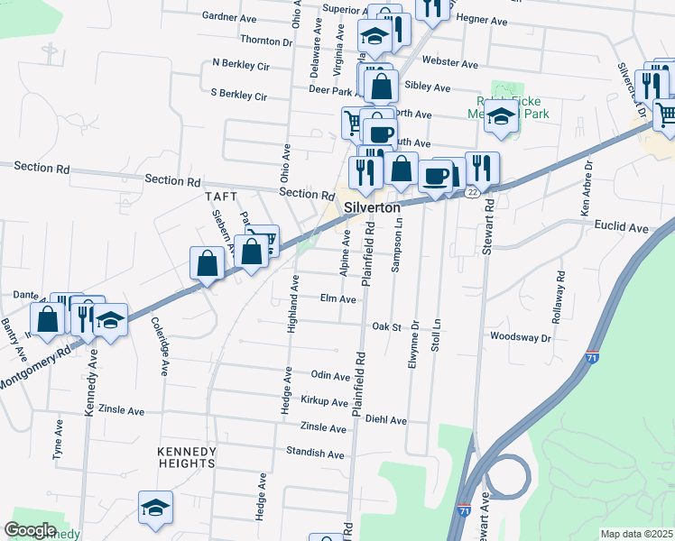 map of restaurants, bars, coffee shops, grocery stores, and more near 6736 Alpine Avenue in Cincinnati