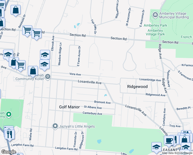 map of restaurants, bars, coffee shops, grocery stores, and more near 2517 Losantiville Avenue in Cincinnati