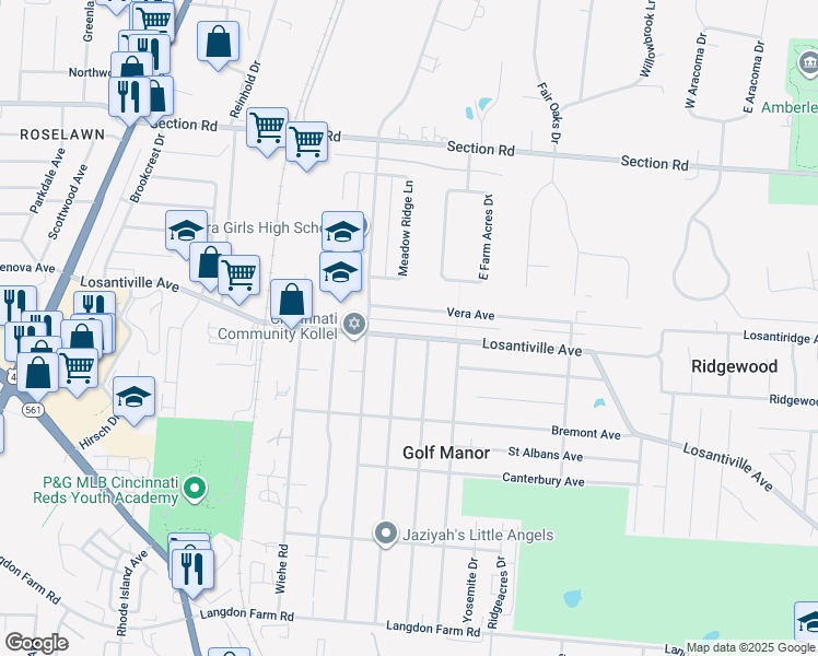 map of restaurants, bars, coffee shops, grocery stores, and more near 2315 Losantiville Avenue in Cincinnati
