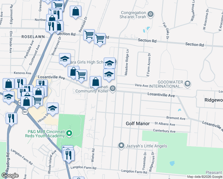 map of restaurants, bars, coffee shops, grocery stores, and more near 2241 Losantiville Avenue in Cincinnati