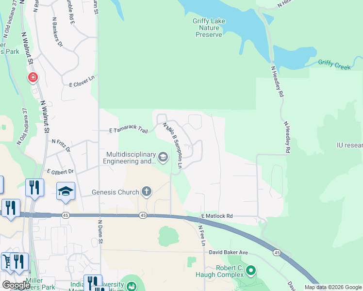 map of restaurants, bars, coffee shops, grocery stores, and more near 3245-3599 North Milo B Sampson Lane in Bloomington