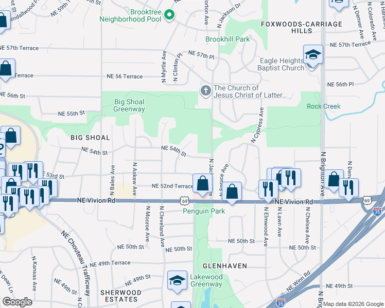 map of restaurants, bars, coffee shops, grocery stores, and more near 3923 Northeast 54th Street in Kansas City