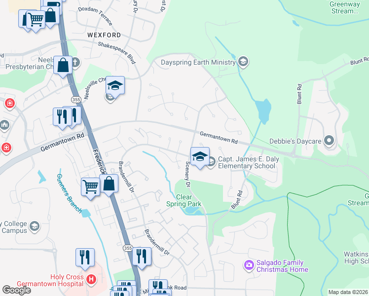 map of restaurants, bars, coffee shops, grocery stores, and more near 20409 Cabana Drive in Germantown