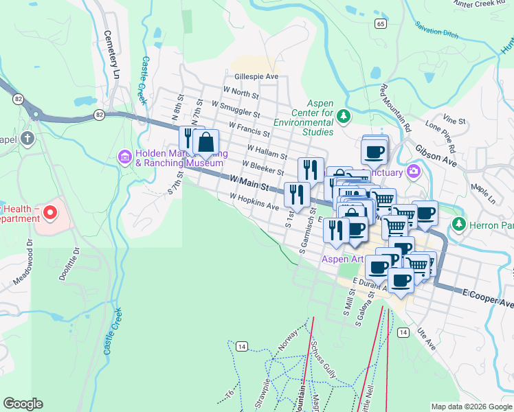 map of restaurants, bars, coffee shops, grocery stores, and more near in Aspen
