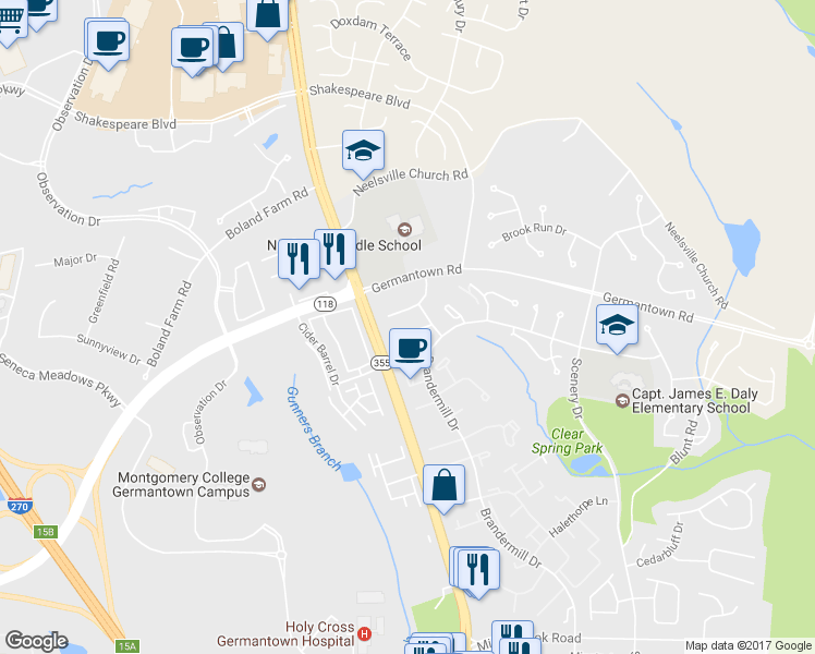 map of restaurants, bars, coffee shops, grocery stores, and more near 19 Drumcastle Court in Germantown