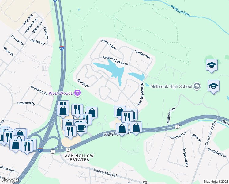 map of restaurants, bars, coffee shops, grocery stores, and more near 156 Gregory Place in Winchester
