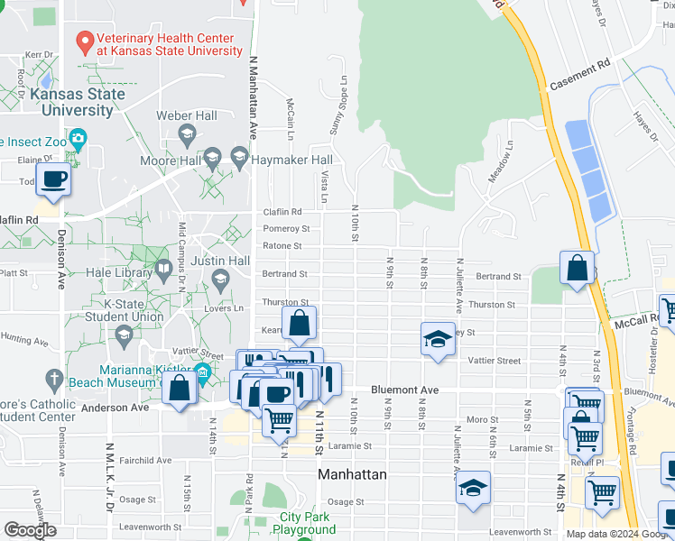 map of restaurants, bars, coffee shops, grocery stores, and more near 1016 Bertrand Street in Manhattan