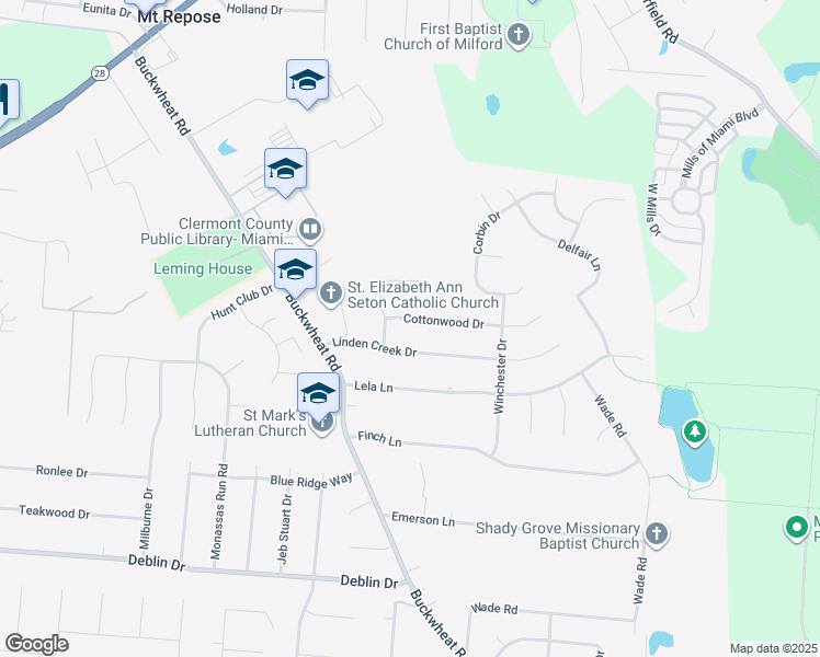 map of restaurants, bars, coffee shops, grocery stores, and more near 1355 Cottonwood Drive in Milford