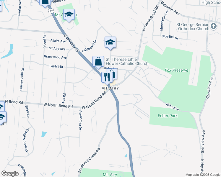 map of restaurants, bars, coffee shops, grocery stores, and more near Colerain Ave & W North Bend Rd in Cincinnati