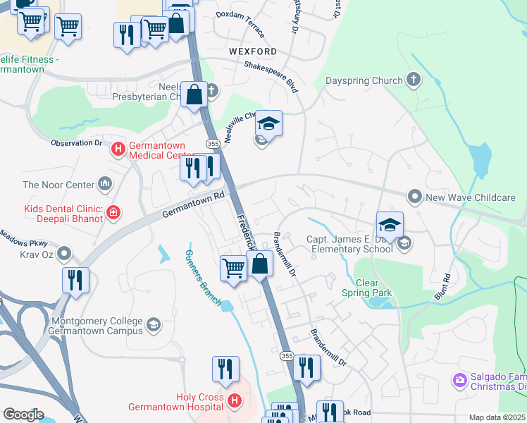 map of restaurants, bars, coffee shops, grocery stores, and more near 19 Drumcastle Court in Germantown