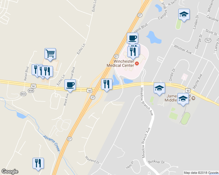 map of restaurants, bars, coffee shops, grocery stores, and more near 1870 Amherst Street in Winchester