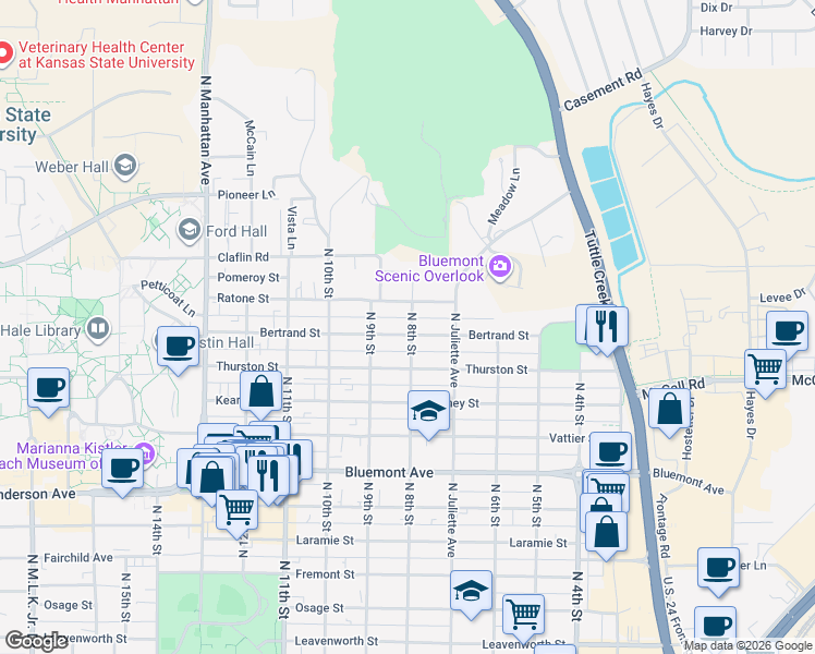map of restaurants, bars, coffee shops, grocery stores, and more near 1121 North 8th Street in Manhattan
