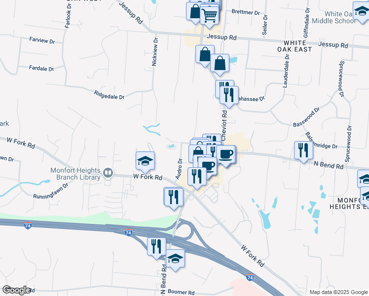 map of restaurants, bars, coffee shops, grocery stores, and more near 3598 Robroy Drive in Cincinnati