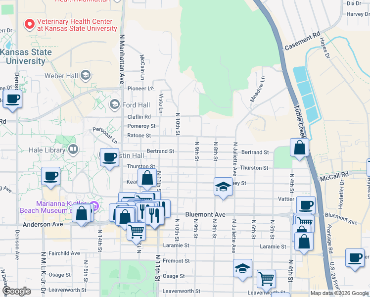 map of restaurants, bars, coffee shops, grocery stores, and more near 1001 Bertrand Street in Manhattan