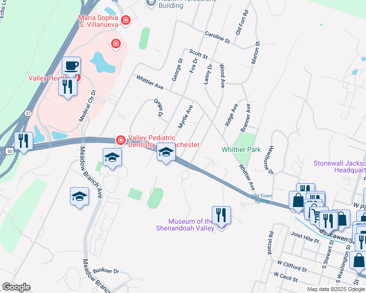 map of restaurants, bars, coffee shops, grocery stores, and more near 125 Allison Avenue in Winchester