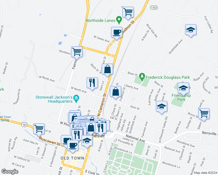 map of restaurants, bars, coffee shops, grocery stores, and more near 536 North Cameron Street in Winchester