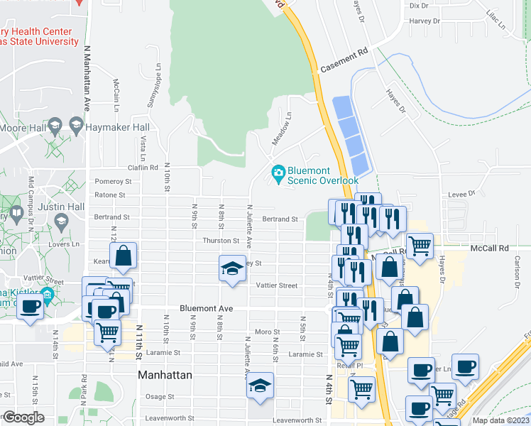 map of restaurants, bars, coffee shops, grocery stores, and more near 612 Bertrand Street in Manhattan