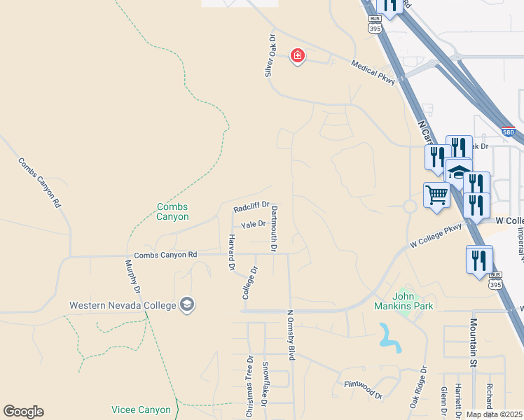 map of restaurants, bars, coffee shops, grocery stores, and more near 1831 Yale Drive in Carson City
