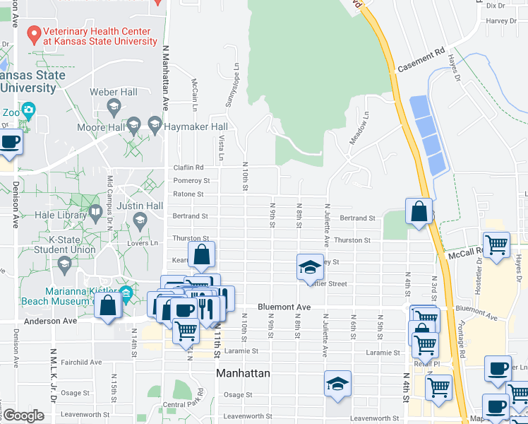 map of restaurants, bars, coffee shops, grocery stores, and more near 1105 North 9th Street in Manhattan
