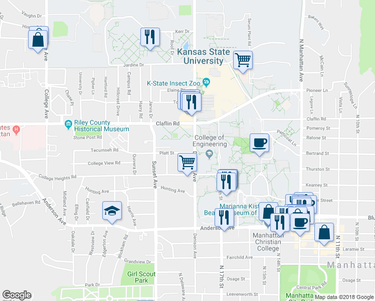 map of restaurants, bars, coffee shops, grocery stores, and more near 1024 Quivera Circle in Manhattan