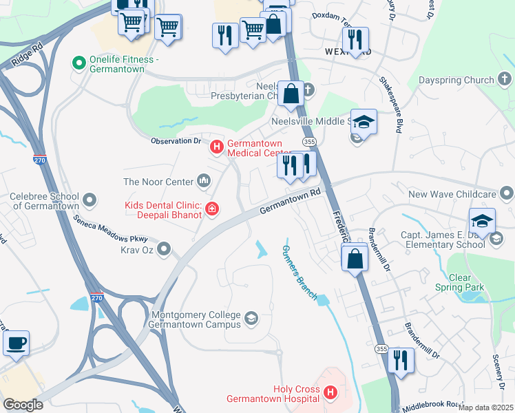map of restaurants, bars, coffee shops, grocery stores, and more near 7 Observation Court in Germantown