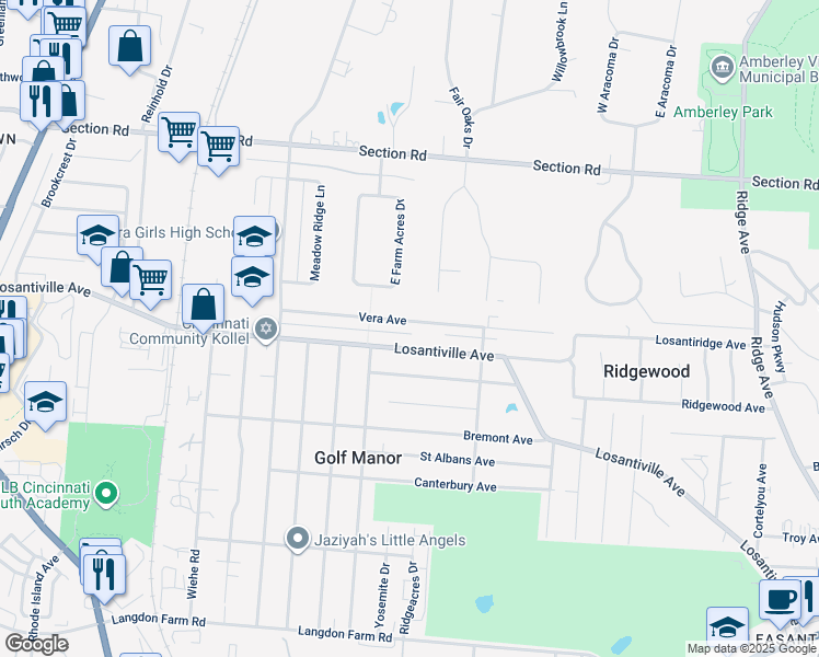 map of restaurants, bars, coffee shops, grocery stores, and more near 2437 Vera Avenue in Cincinnati