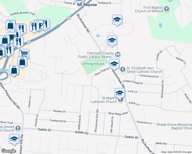 map of restaurants, bars, coffee shops, grocery stores, and more near 1567 Hunt Club Drive in Milford