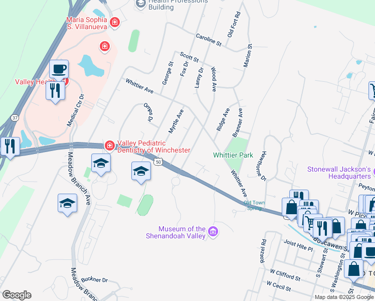 map of restaurants, bars, coffee shops, grocery stores, and more near 137 Wood Avenue in Winchester