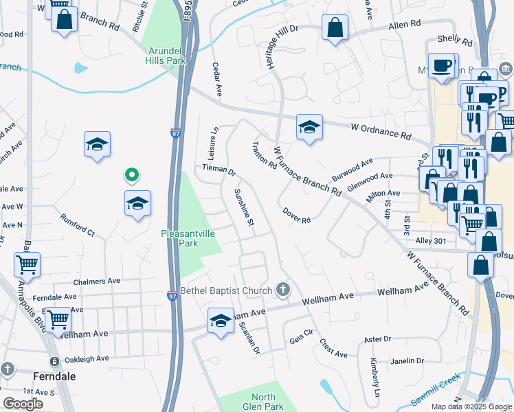 map of restaurants, bars, coffee shops, grocery stores, and more near 1614 Tieman Drive in Glen Burnie