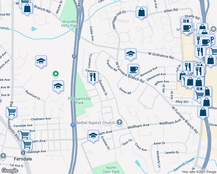 map of restaurants, bars, coffee shops, grocery stores, and more near 1614 Tieman Drive in Glen Burnie