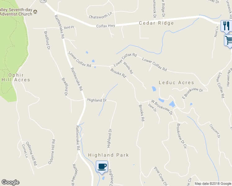 map of restaurants, bars, coffee shops, grocery stores, and more near 13871 Highland Drive in Grass Valley