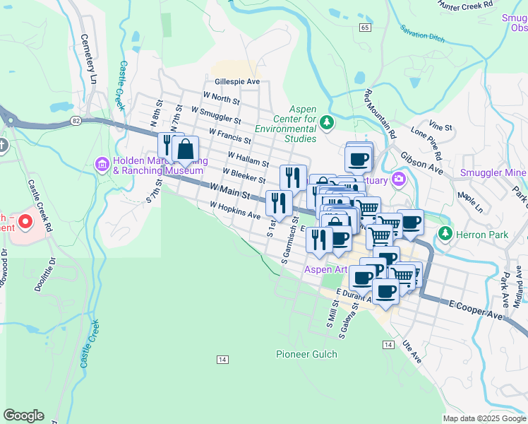 map of restaurants, bars, coffee shops, grocery stores, and more near in Aspen