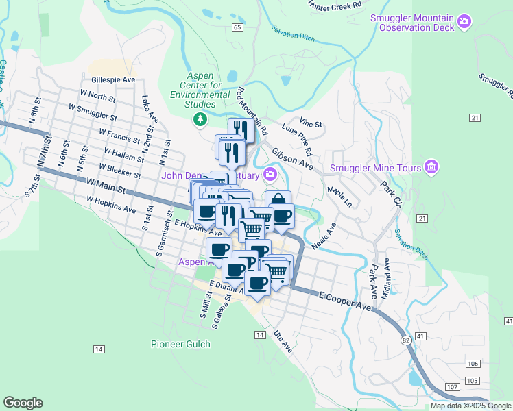 map of restaurants, bars, coffee shops, grocery stores, and more near 455 Rio Grande Place in Aspen