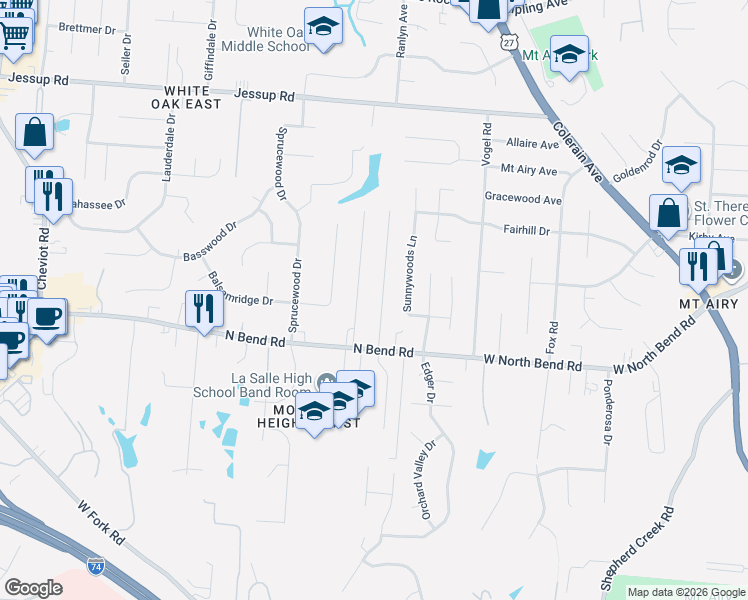 map of restaurants, bars, coffee shops, grocery stores, and more near 5583 Leumas Road in Cincinnati