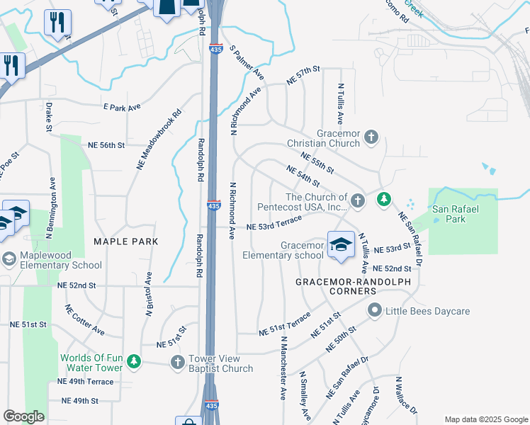 map of restaurants, bars, coffee shops, grocery stores, and more near 5362 North Manchester Avenue in Kansas City