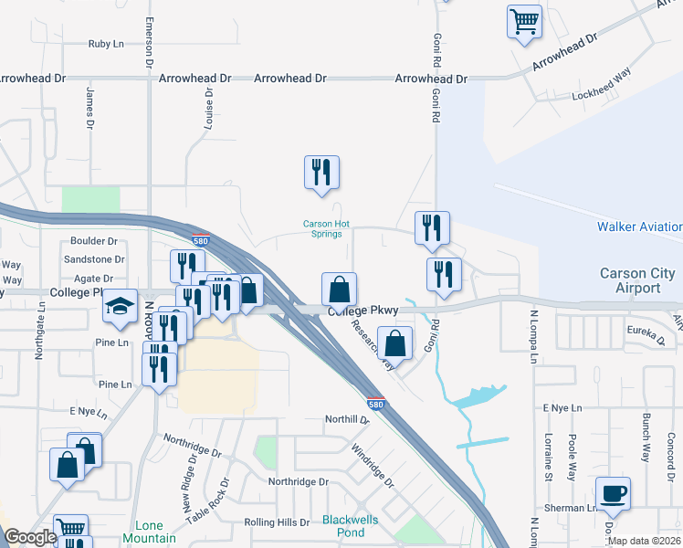 map of restaurants, bars, coffee shops, grocery stores, and more near 3691 Research Way in Carson City