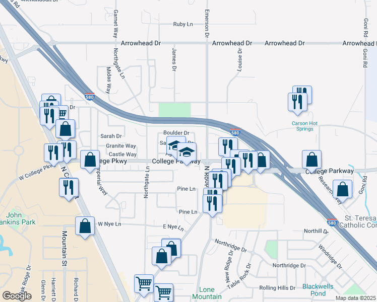 map of restaurants, bars, coffee shops, grocery stores, and more near 500 Agate Drive in Carson City