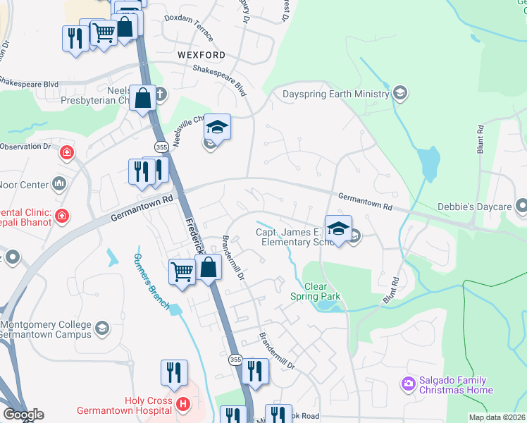 map of restaurants, bars, coffee shops, grocery stores, and more near Brandermill Dr & Beehive Ln in Germantown