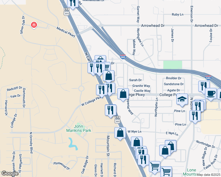 map of restaurants, bars, coffee shops, grocery stores, and more near 3763 North Carson Street in Carson City