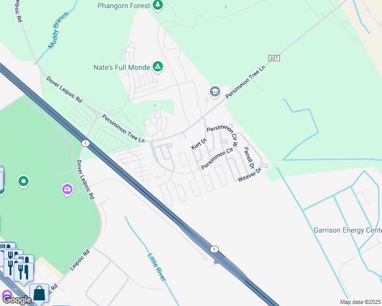 map of restaurants, bars, coffee shops, grocery stores, and more near 119 Kurt Drive in Dover