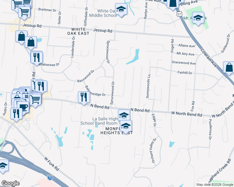 map of restaurants, bars, coffee shops, grocery stores, and more near 5580 Sprucewood Drive in Cincinnati
