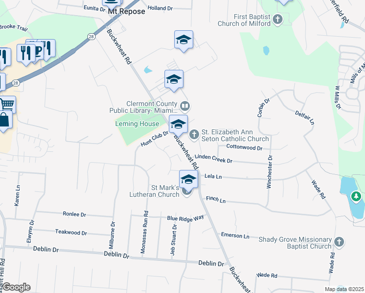 map of restaurants, bars, coffee shops, grocery stores, and more near Hunt Club Drive in Milford