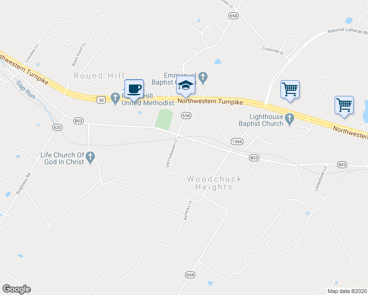map of restaurants, bars, coffee shops, grocery stores, and more near 759 Round Hill Road in Winchester